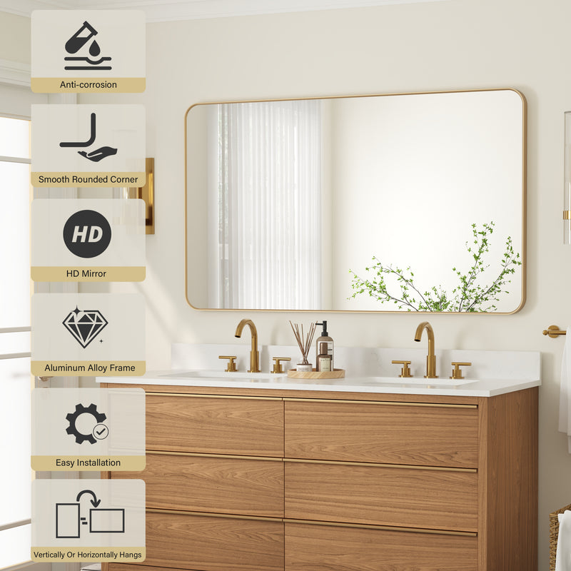 55-in W x 32-in H Brushed Gold Rectangular Framed Bathroom Vanity Mirror