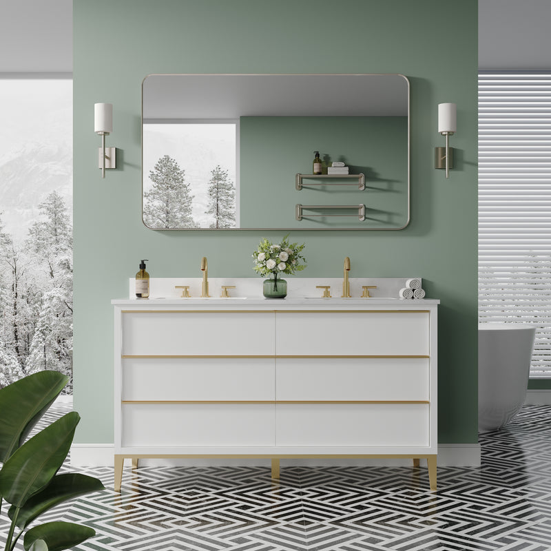 55-in W x 32-in H Brushed Nickel Rectangular Framed Bathroom Vanity Mirror