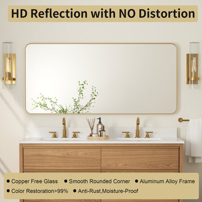 60-in W x 28-in H Brushed Gold Rectangular Framed Bathroom Vanity Mirror