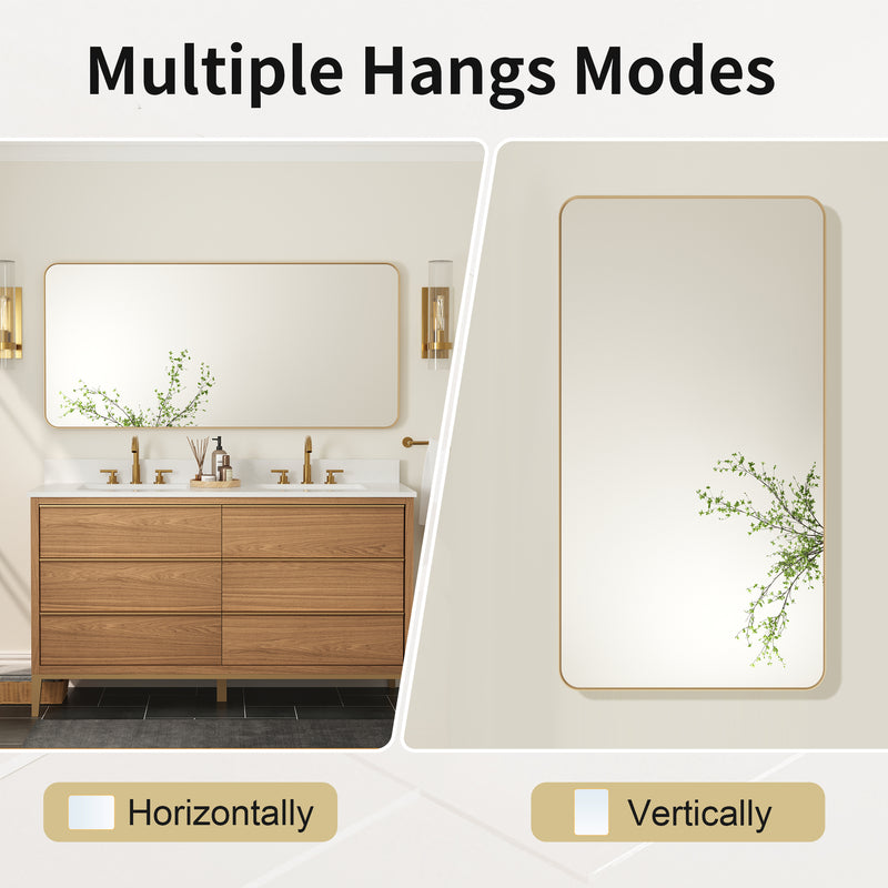 60-in W x 28-in H Brushed Gold Rectangular Framed Bathroom Vanity Mirror