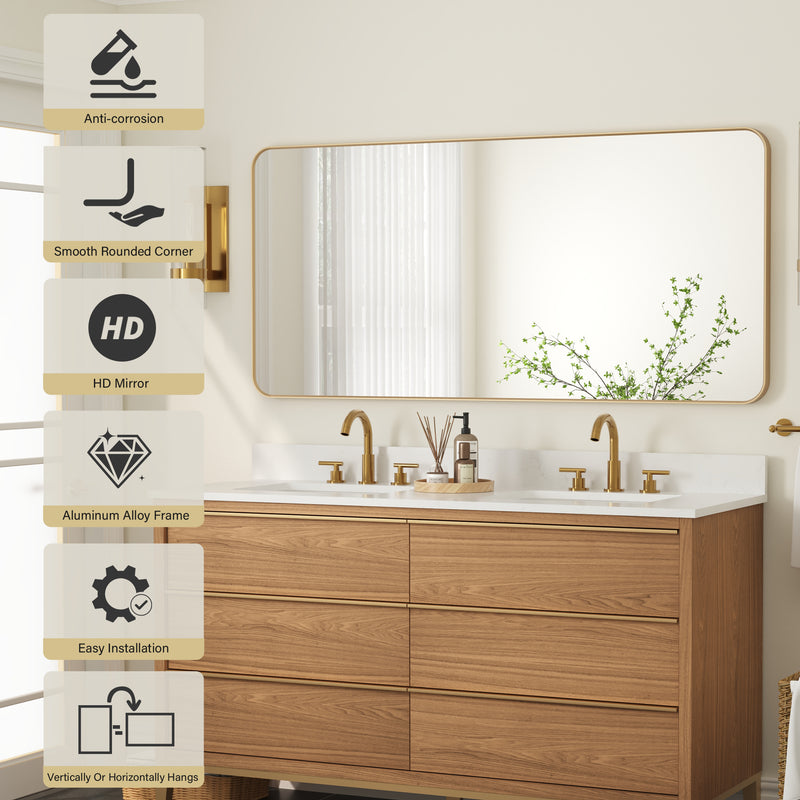 60-in W x 28-in H Brushed Gold Rectangular Framed Bathroom Vanity Mirror