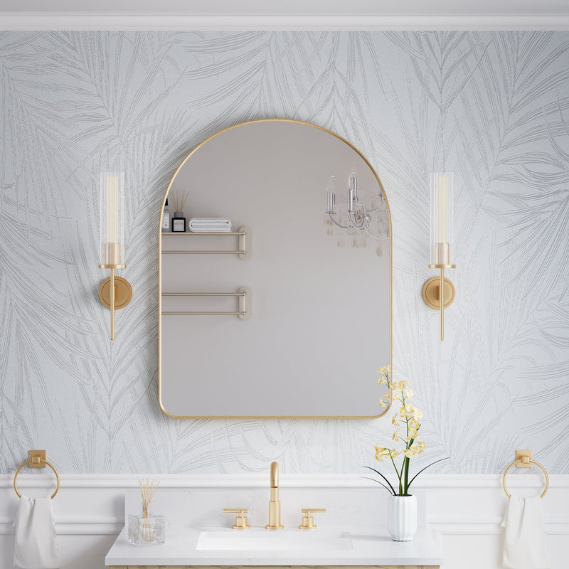 28 in. W x 36 in. H Arched Aluminum Framed Wall Bathroom Vanity Mirror in Brushed Gold