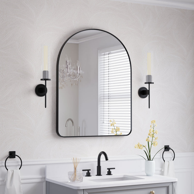 28 in. W x 36 in. H Arched Aluminum Framed Wall Bathroom Vanity Mirror in Matte Black