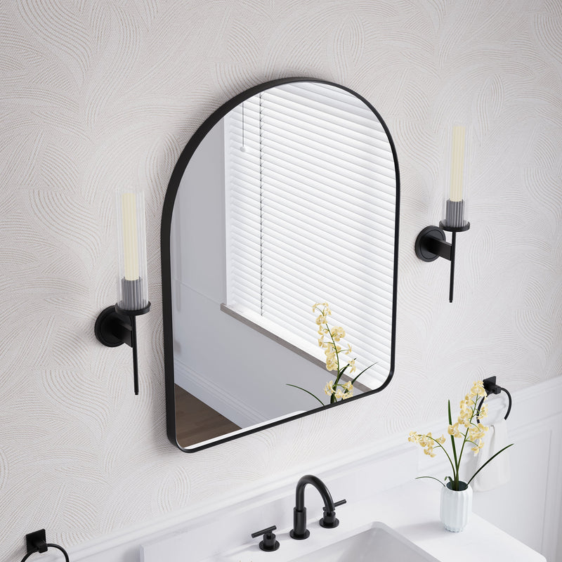 28 in. W x 36 in. H Arched Aluminum Framed Wall Bathroom Vanity Mirror in Matte Black