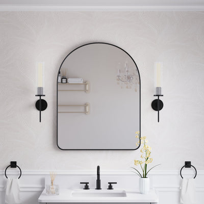 28 in. W x 36 in. H Arched Aluminum Framed Wall Bathroom Vanity Mirror in Matte Black