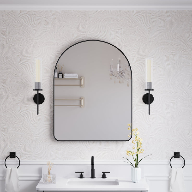 28 in. W x 36 in. H Arched Aluminum Framed Wall Bathroom Vanity Mirror in Matte Black
