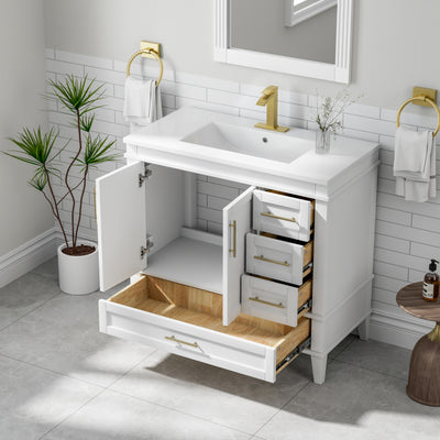 36 Inch Solid Wood Bathroom Vanity with cUPC Ceramic Sink, Gold Anodized Aluminum Handles, and Soft-Close DTC Hinges