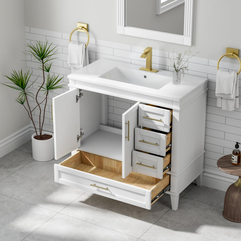 36 Inch Solid Wood Bathroom Vanity with cUPC Ceramic Sink, Gold Anodized Aluminum Handles, and Soft-Close DTC Hinges