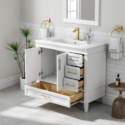 36 Inch Solid Wood Bathroom Vanity with cUPC Ceramic Sink, Gold Anodized Aluminum Handles, and Soft-Close DTC Hinges