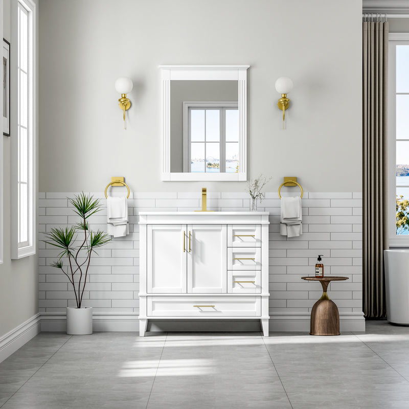 36 Inch Solid Wood Bathroom Vanity with cUPC Ceramic Sink, Gold Anodized Aluminum Handles, and Soft-Close DTC Hinges