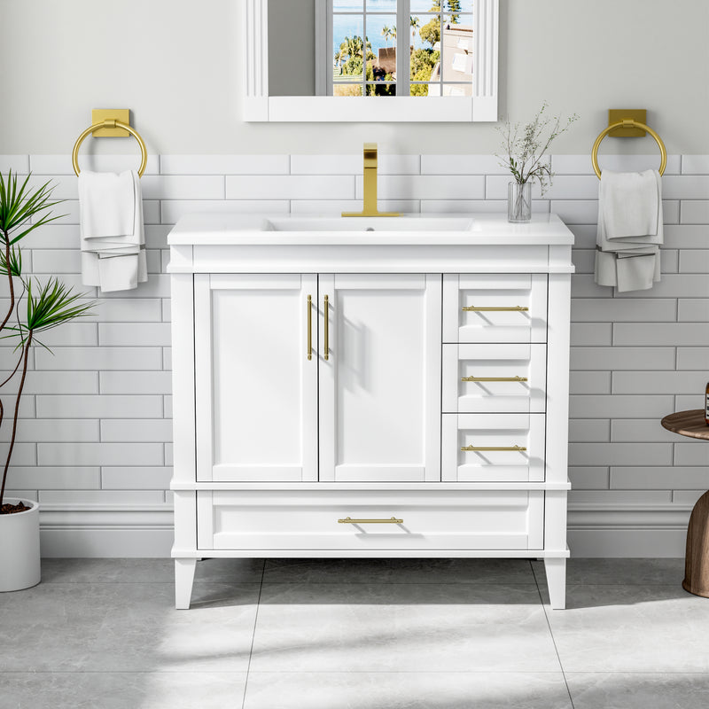 36 Inch Solid Wood Bathroom Vanity with cUPC Ceramic Sink, Gold Anodized Aluminum Handles, and Soft-Close DTC Hinges