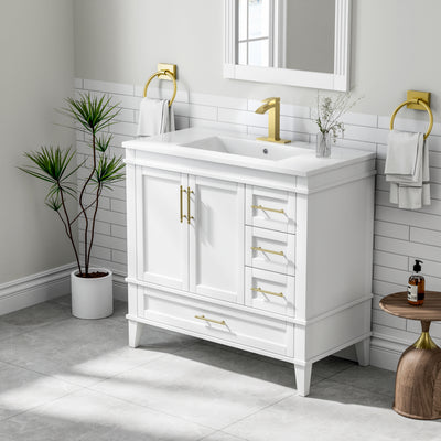 36 Inch Solid Wood Bathroom Vanity with cUPC Ceramic Sink, Gold Anodized Aluminum Handles, and Soft-Close DTC Hinges