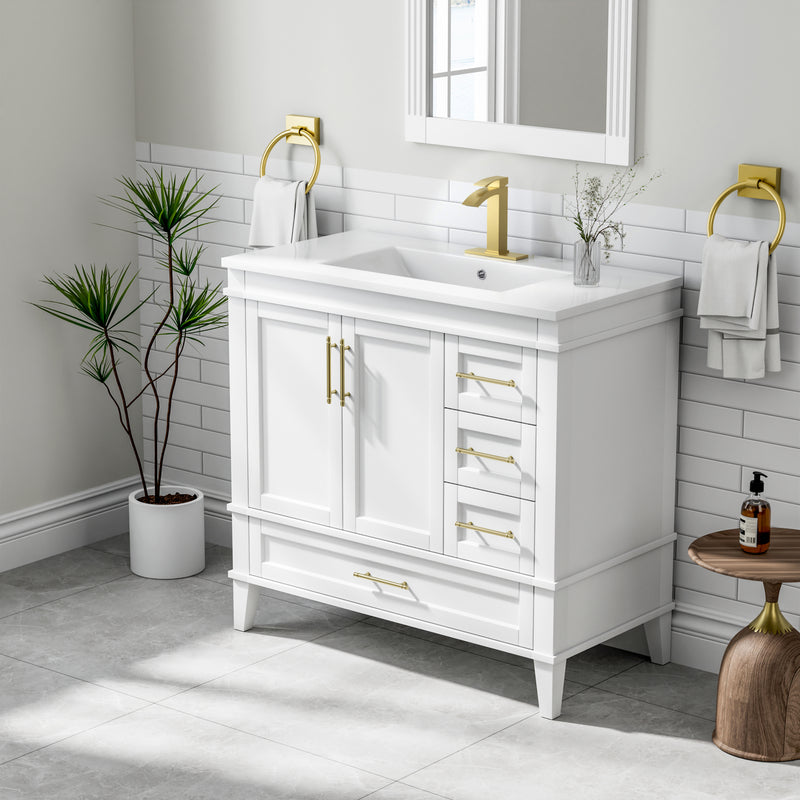 36 Inch Solid Wood Bathroom Vanity with cUPC Ceramic Sink, Gold Anodized Aluminum Handles, and Soft-Close DTC Hinges