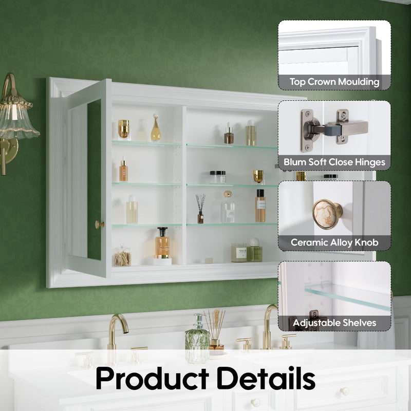 48 in.W x 32 in.H Recessed Solid Wood Bathroom Medicine Cabinet with Mirror in White