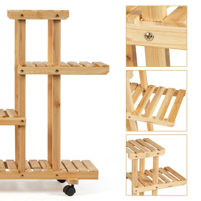 4-Tier Wood Casters Rolling Shelf Plant Stand-Natural