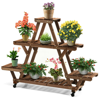 Wooden Plant Stand with Wheels Pots Holder Display Shelf