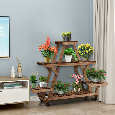Wooden Plant Stand with Wheels Pots Holder Display Shelf