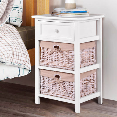 3-Tier Wooden Nightstand End Table with 2 Removable Baskets