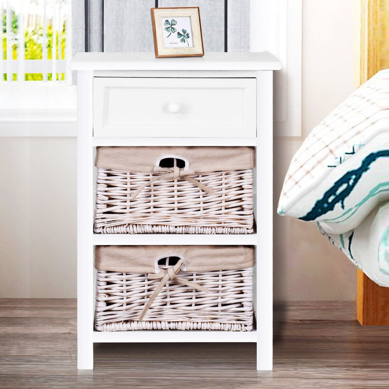 3-Tier Wooden Nightstand End Table with 2 Removable Baskets