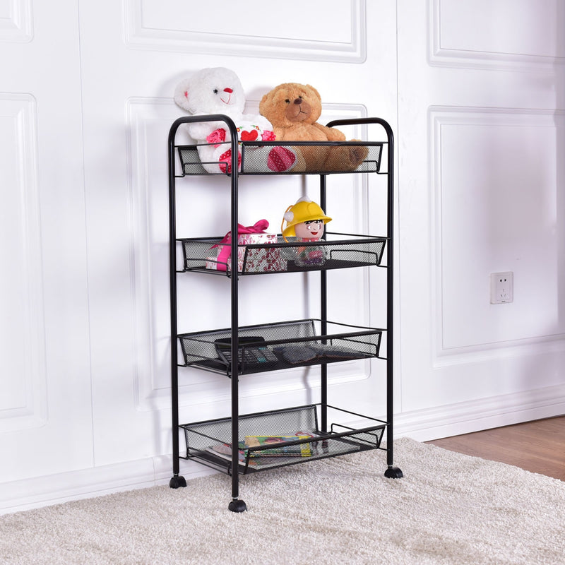 4-Tier Swivel Storage Rack Kitchen Trolley Cart with Mesh Baskets