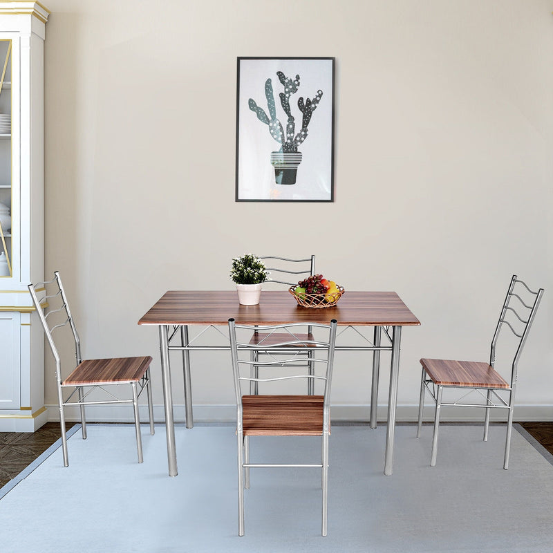 5 Pcs Wood Metal Dining Table Set with 4 Chairs