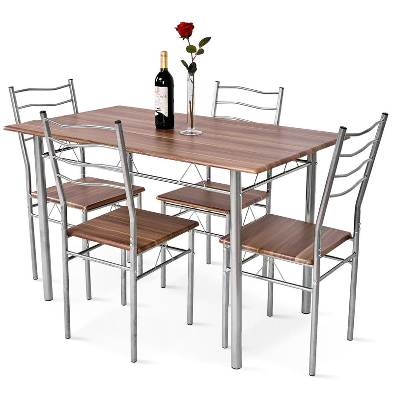 5 Pcs Wood Metal Dining Table Set with 4 Chairs