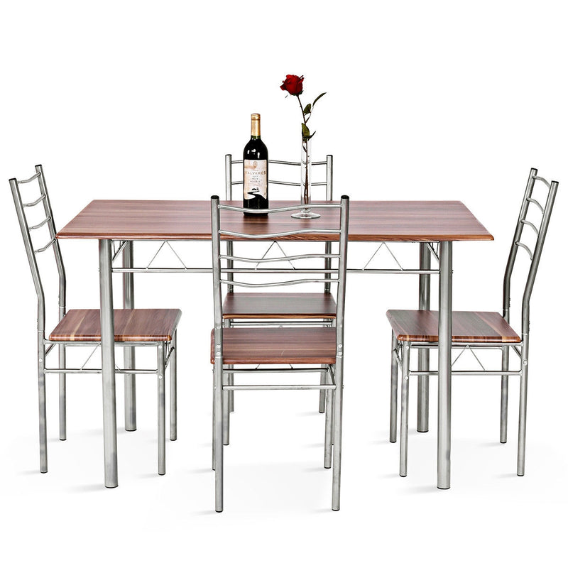 5 Pcs Wood Metal Dining Table Set with 4 Chairs