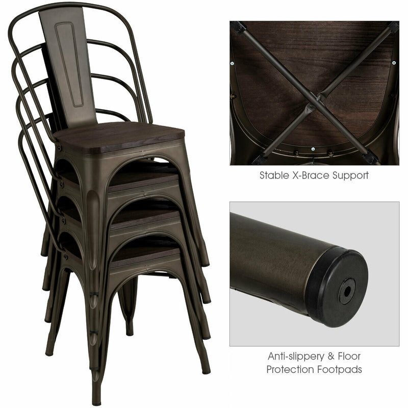 4 Pcs Tolix Style Metal Dining Side Chair Stackable Wood Seat