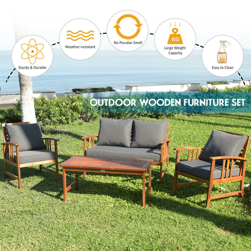 4 Pieces Wooden Patio Sofa Chair Set with Cushion