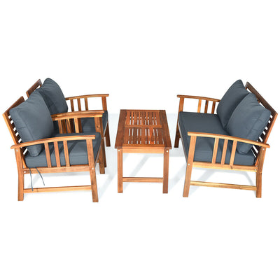 4 Pieces Wooden Patio Sofa Chair Set with Cushion