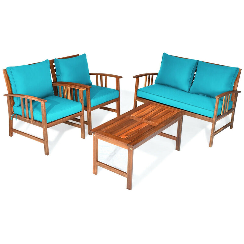 4 Pieces Wooden Patio Sofa Chair Set with Cushion