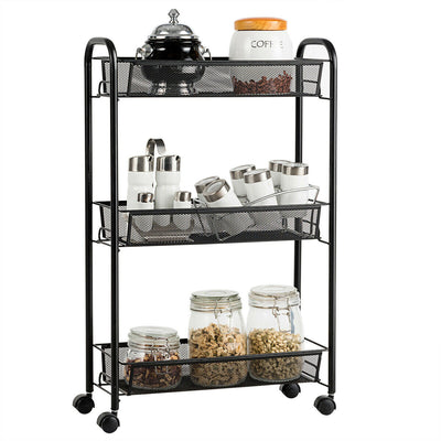 3-Tier Metal Mesh Rolling Utility Cart With 2 Lockable Wheels