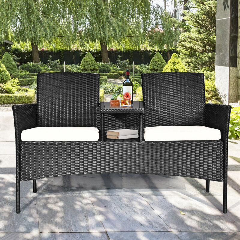 Wicker Patio Conversation Furniture Set with Removable Cushions and Table