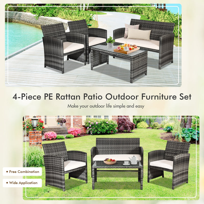 4 Pieces Patio Rattan Furniture Set with Glass Table and Loveseat