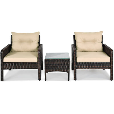 3 Pcs Outdoor Brown Patio Rattan Bistro Set with Back and Seat Cushions