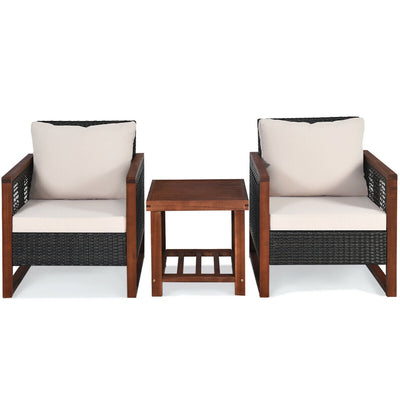 3 Pcs Patio Wicker Furniture Sofa Set with Wooden Frame and Cushion