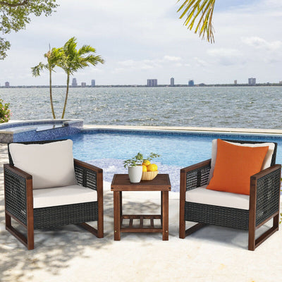 3 Pcs Patio Wicker Furniture Sofa Set with Wooden Frame and Cushion