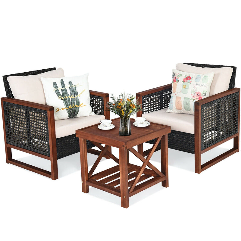 3 Pcs Patio Wicker Furniture Sofa Set with Wooden Frame and Cushion