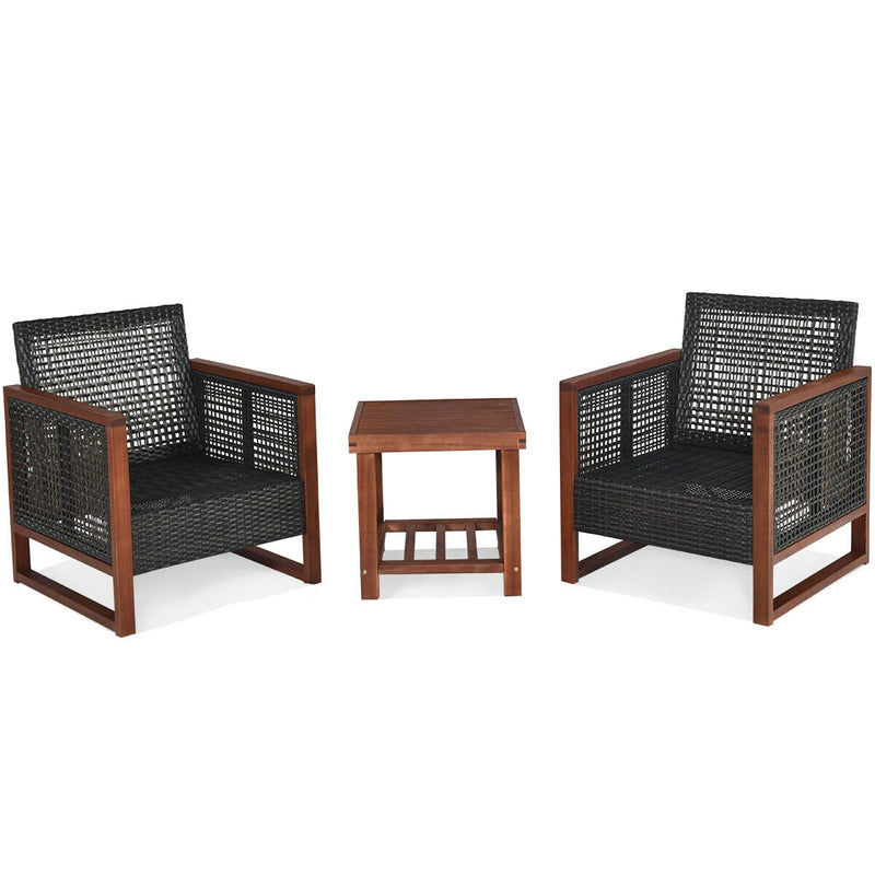 3 Pcs Patio Wicker Furniture Sofa Set with Wooden Frame and Cushion