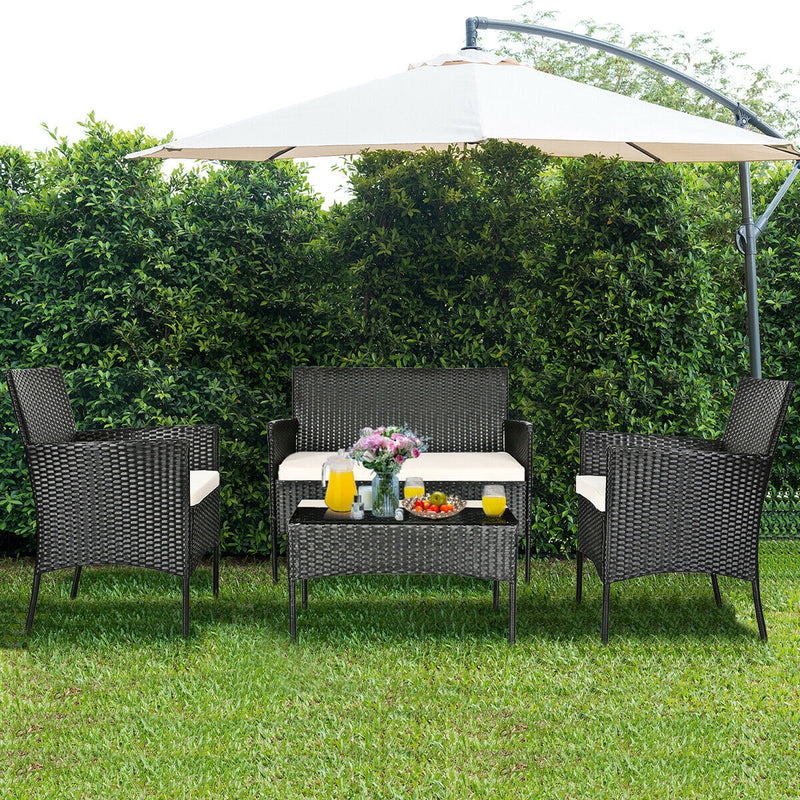 4 Pcs Patio Rattan Cushioned Sofa Furniture Set with Tempered Glass Coffee Table