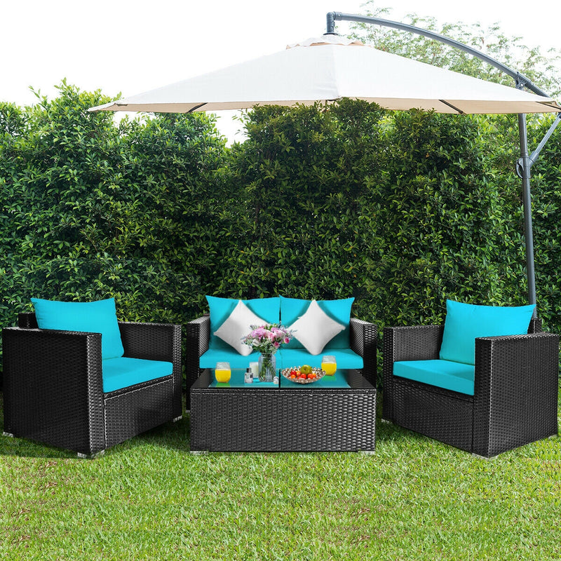 4 Pcs Patio Rattan Cushioned Furniture Set