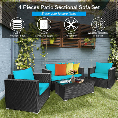 4 Pcs Patio Rattan Cushioned Furniture Set