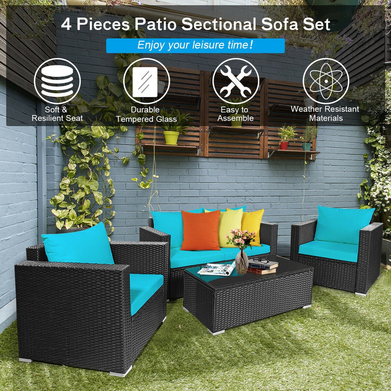 4 Pcs Patio Rattan Cushioned Furniture Set