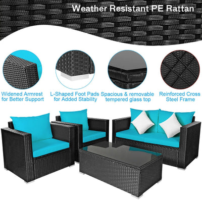 4 Pcs Patio Rattan Cushioned Furniture Set