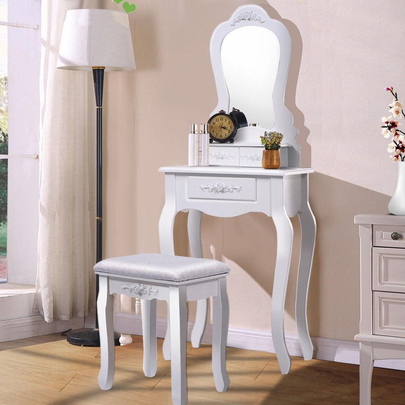 3-Drawer Dressing Vanity Table Set with Mirror and Padded Stool