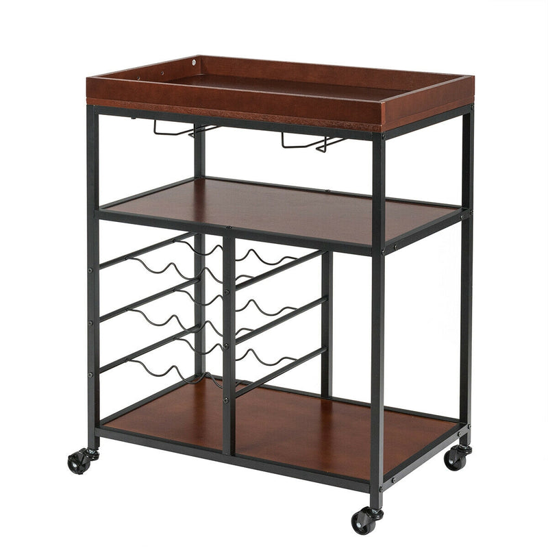 3-Tier Rolling Kitchen Serving Bar Cart with Wine Rack and Glass Holder