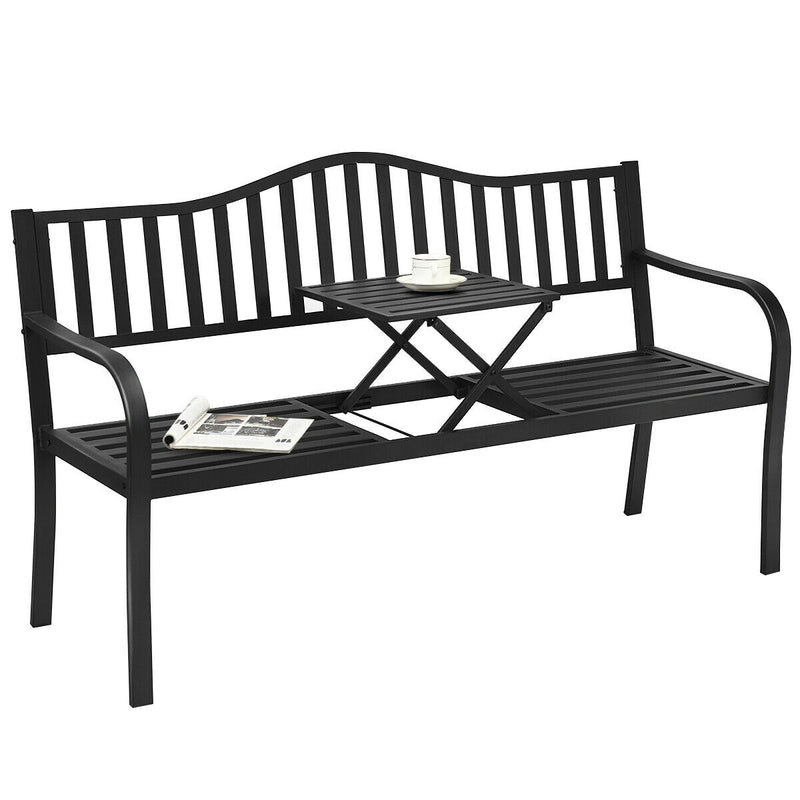 Patio Garden Bench Steel Frame with Adjustable Center Table