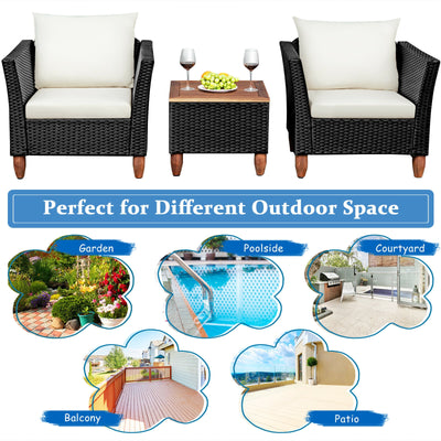 3 Pieces Outdoor Patio Wicker Furniture Set with Cushions and Acacia Wood Coffee Table