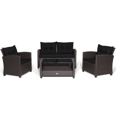 4 Pieces Patio Rattan Conversation Furniture Set with Glass Top Coffee Table