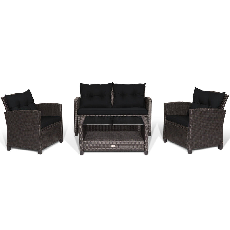 4 Pieces Patio Rattan Conversation Furniture Set with Glass Top Coffee Table